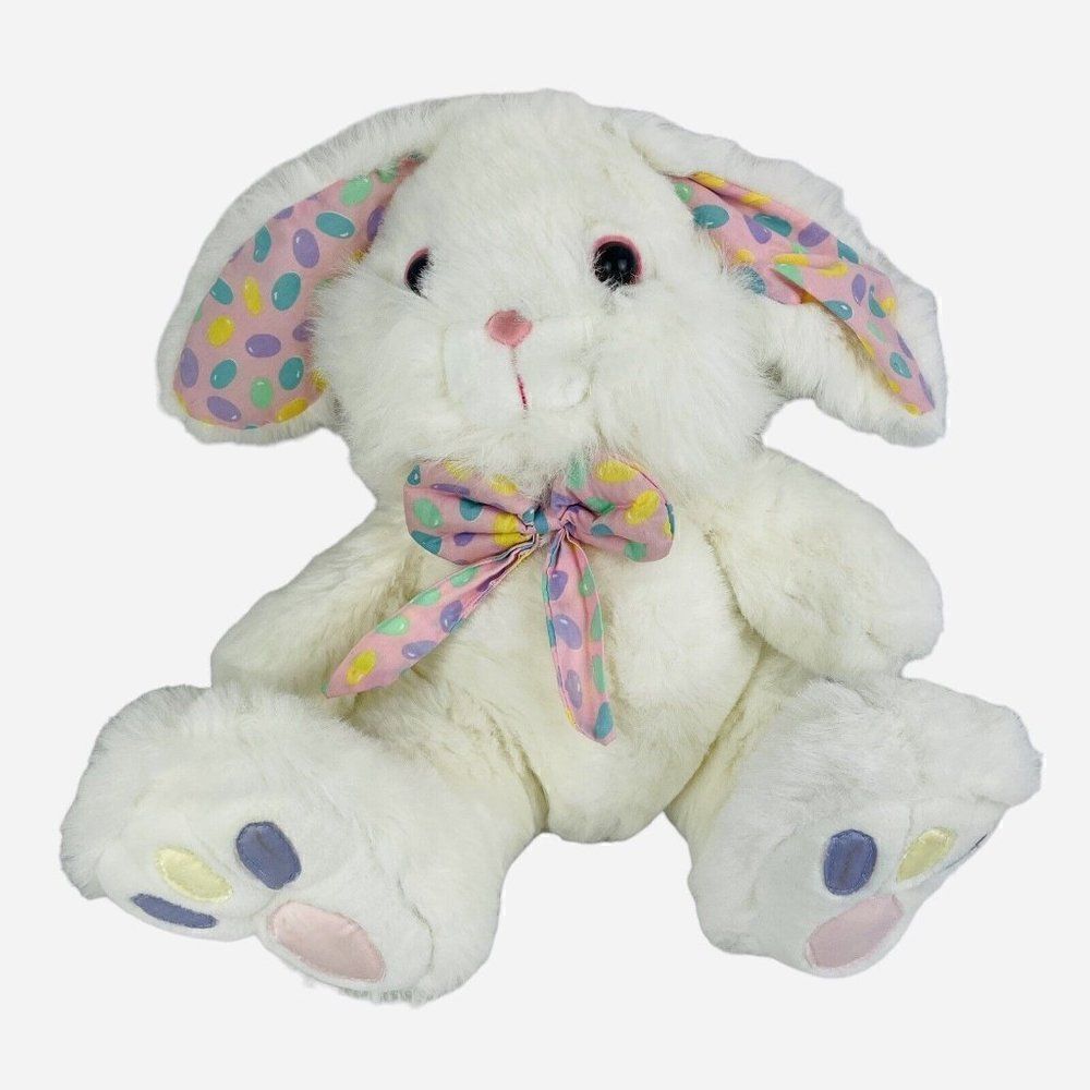 Vintage 90s Dan Dee White 14" Easter Bunny Rabbit Plush Jellybean Ears Bowtie